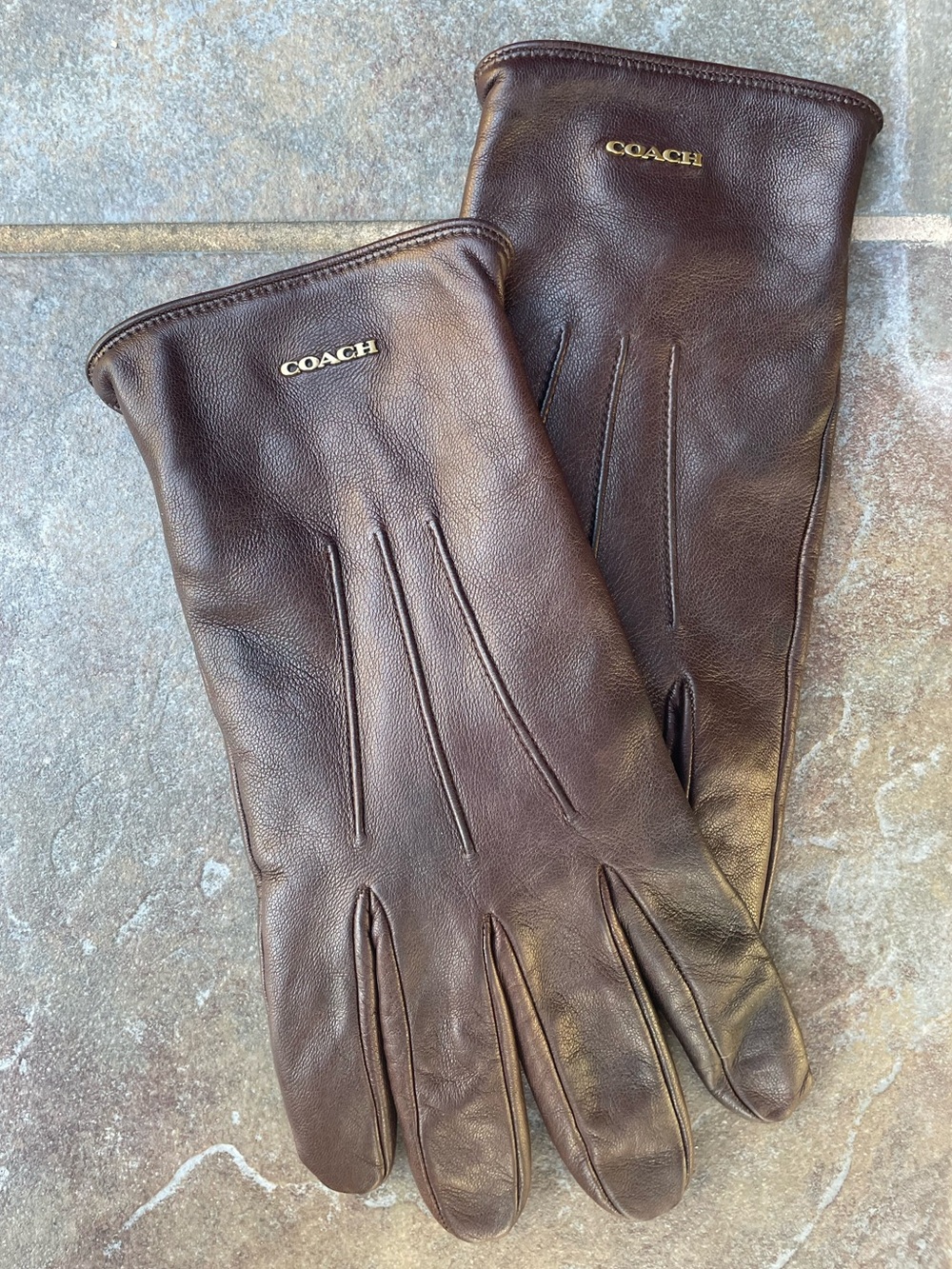 COACH Men's Maple Brown Leather Gloves with wrist COACH Logo - Size Large - Picture 5 of 6